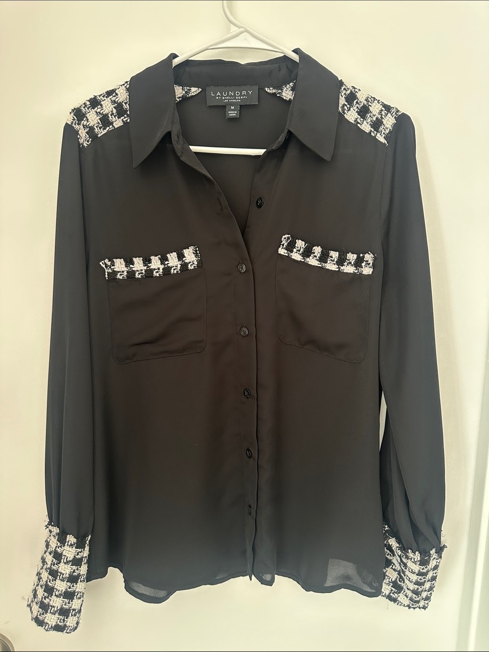 Laundry By Shelli Segal Black Button-Down Shirt with Black-and-White Tweed Trim